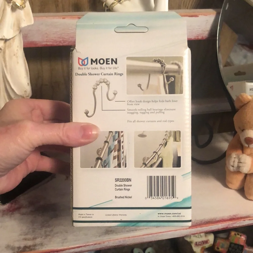 New In Box “MOEN” Double Shower Curtain Rings-Brushed Nickel
